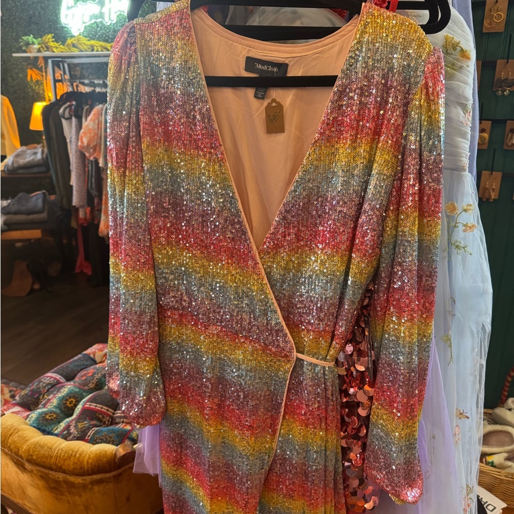 Modcloth Beige and Multicolor Sequin Dress